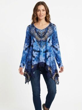 live and let live Knit Stretchy Tie-Dye Long Sleeve V-Neck Tunic with Fringe